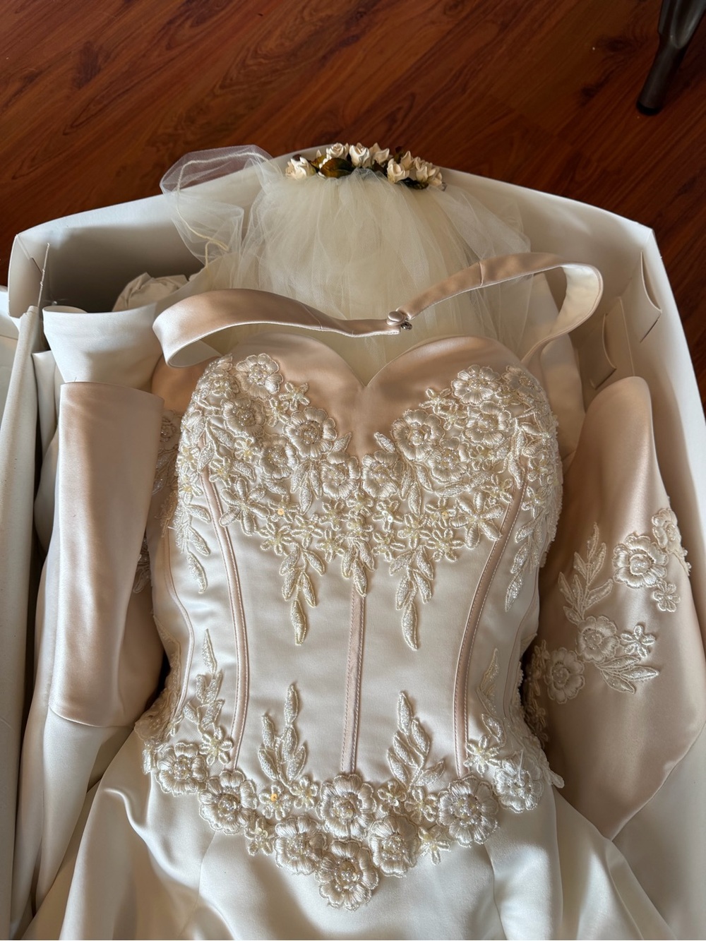 Ivory Floral Lace Satin Bridal Dress